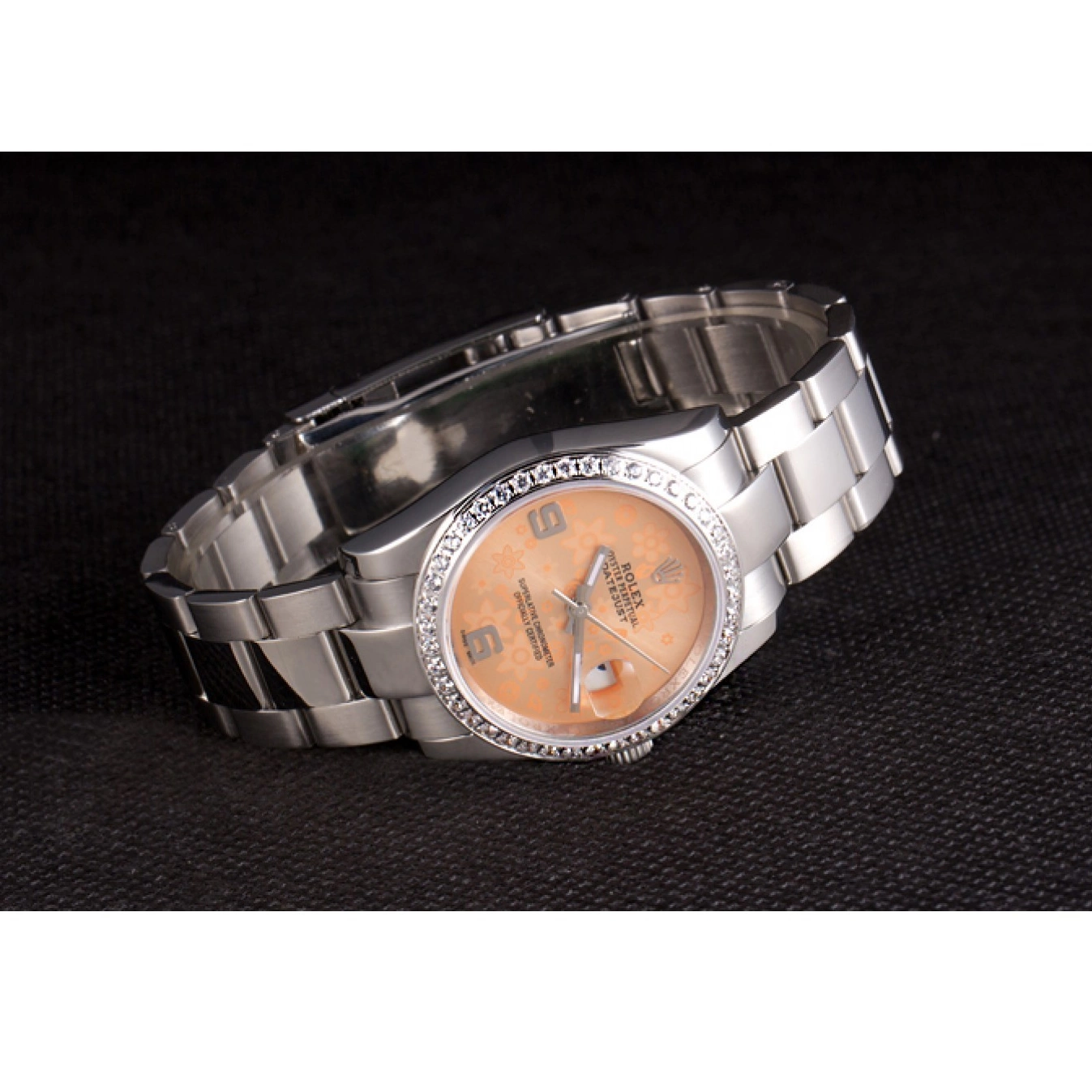 Good Copy Rolex Watches Plated Flowers Dial Steel Diamond Orange Polished Stainless Datejust Rolex 0729
